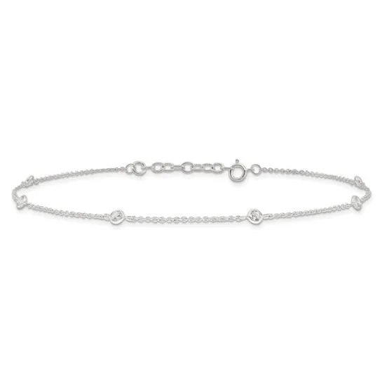 Sterling Silver CZ Station Anklet 9.75in Plus 1in ext.