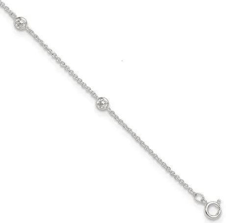 Sterling Silver CZ Station Anklet 9.75in Plus 1in ext.