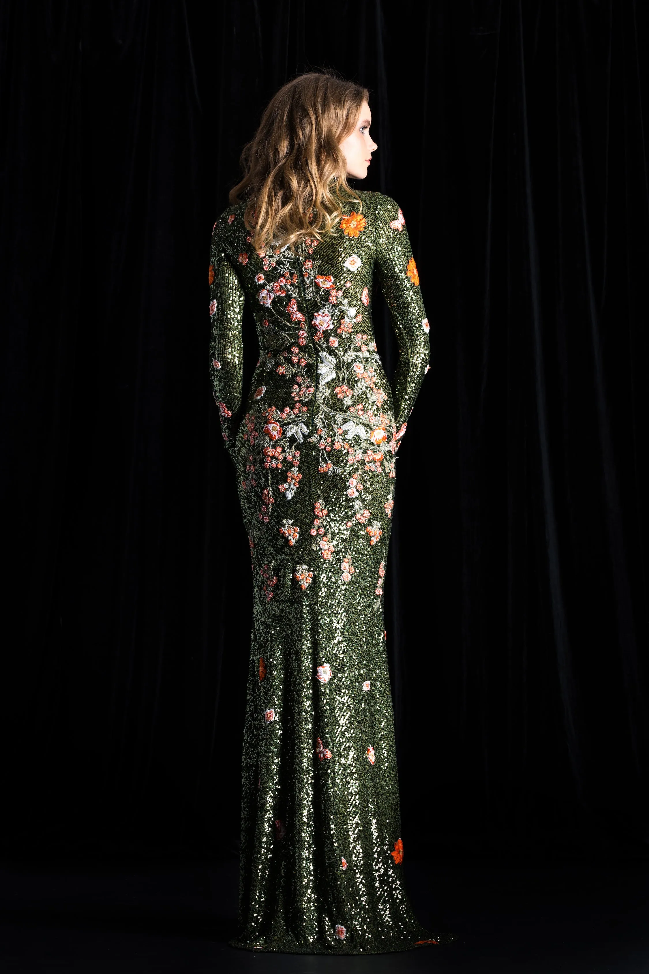 Stretch Sequin Floral Applique Gown