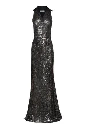STRETCH SEQUIN SLEEVELESS COLLARED GOWN