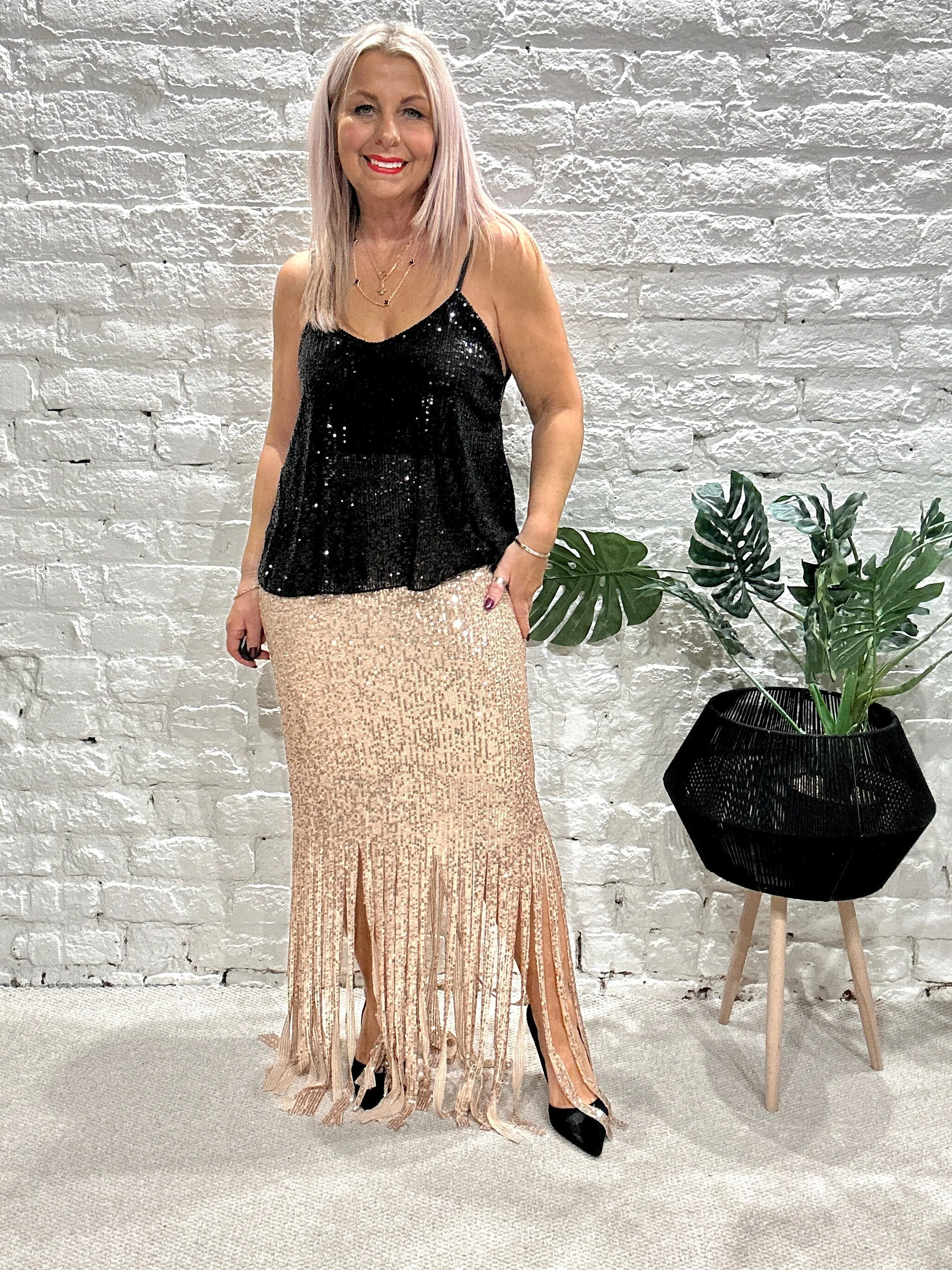 The Merry Tassel Bottom Sequin Maxi Pencil skirt