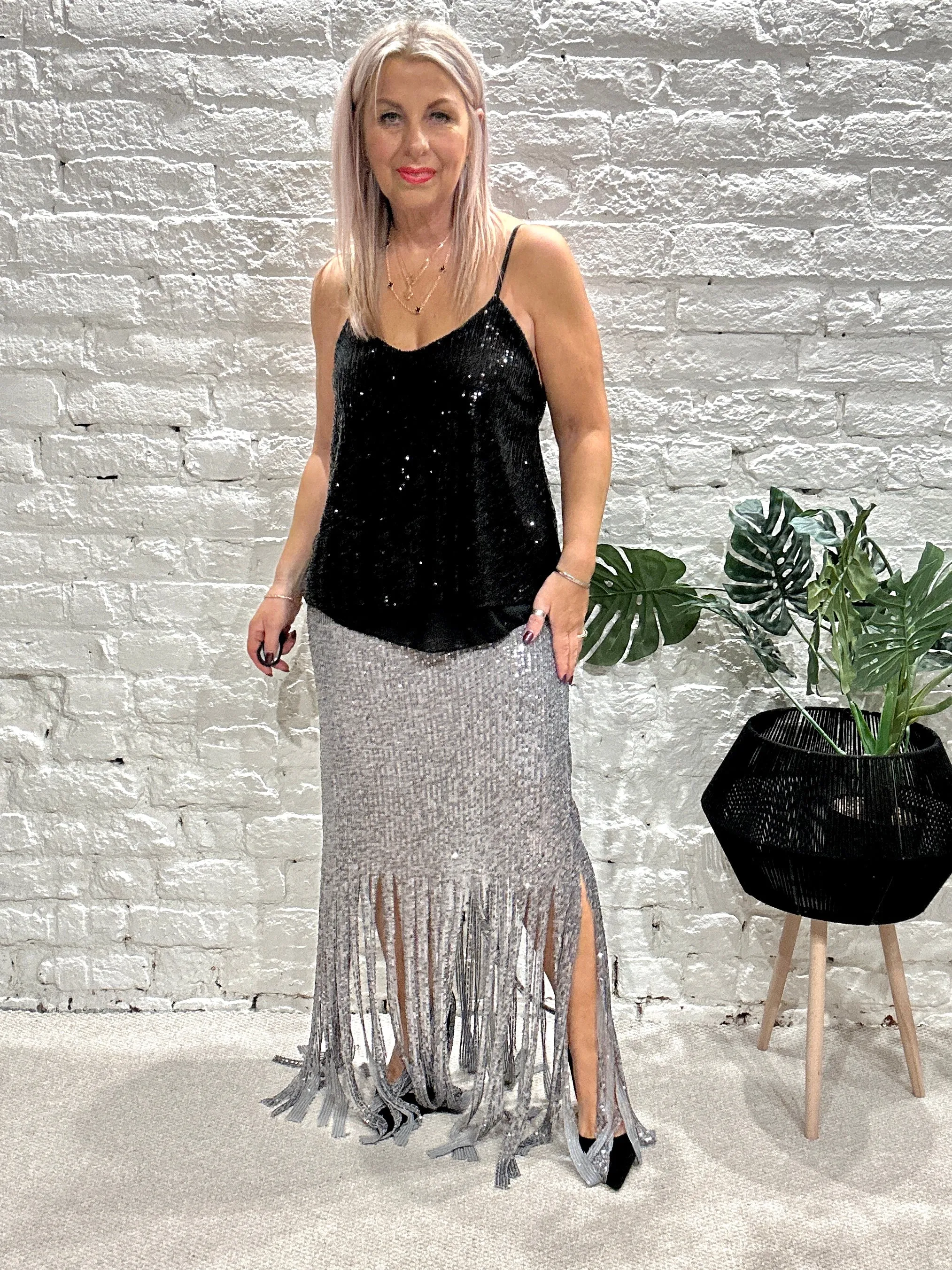 The Merry Tassel Bottom Sequin Maxi Pencil skirt