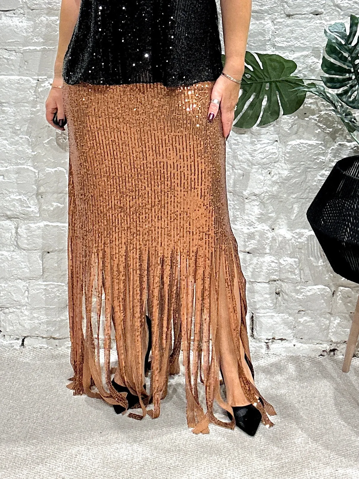 The Merry Tassel Bottom Sequin Maxi Pencil skirt
