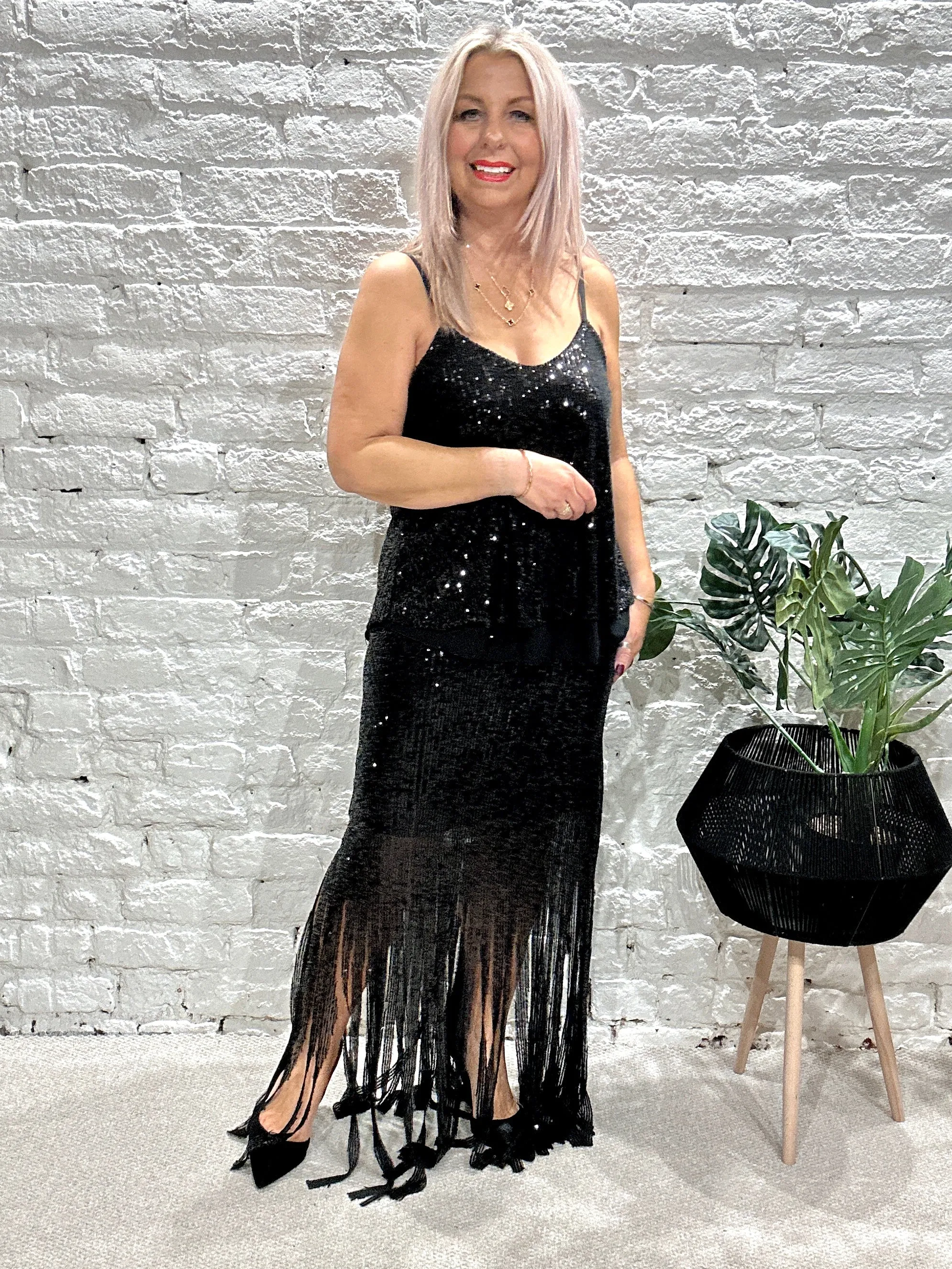 The Merry Tassel Bottom Sequin Maxi Pencil skirt