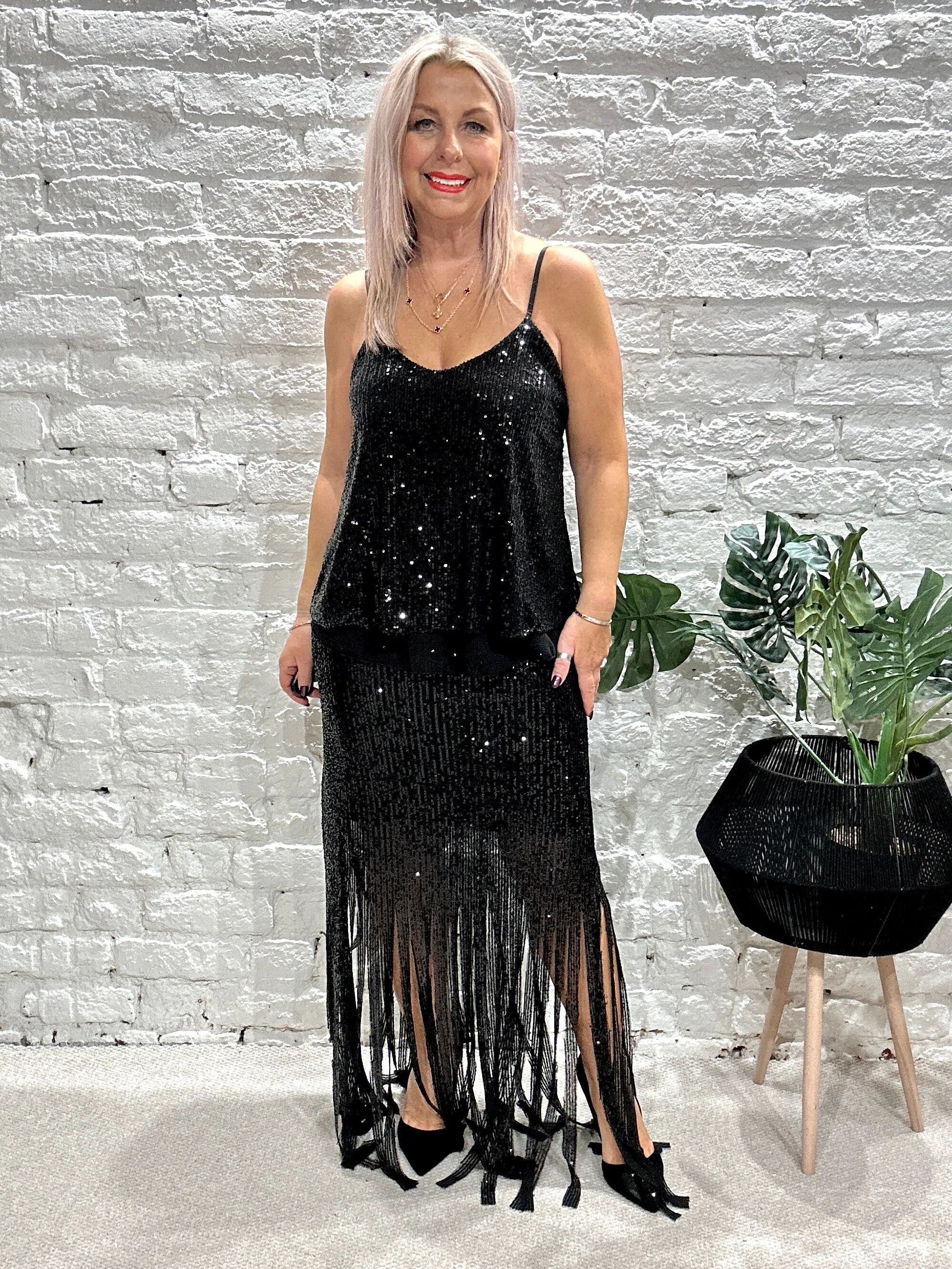 The Merry Tassel Bottom Sequin Maxi Pencil skirt