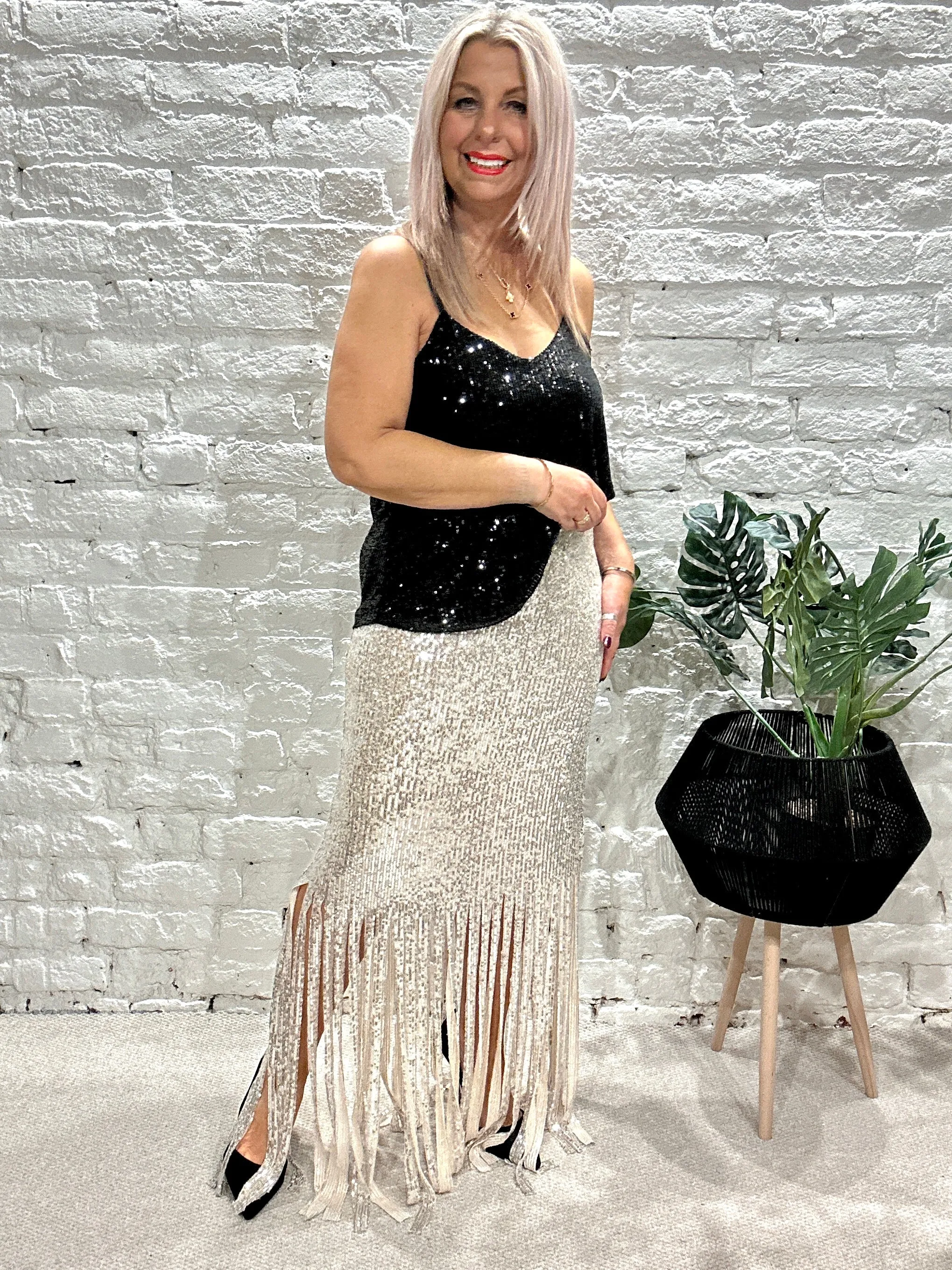 The Merry Tassel Bottom Sequin Maxi Pencil skirt