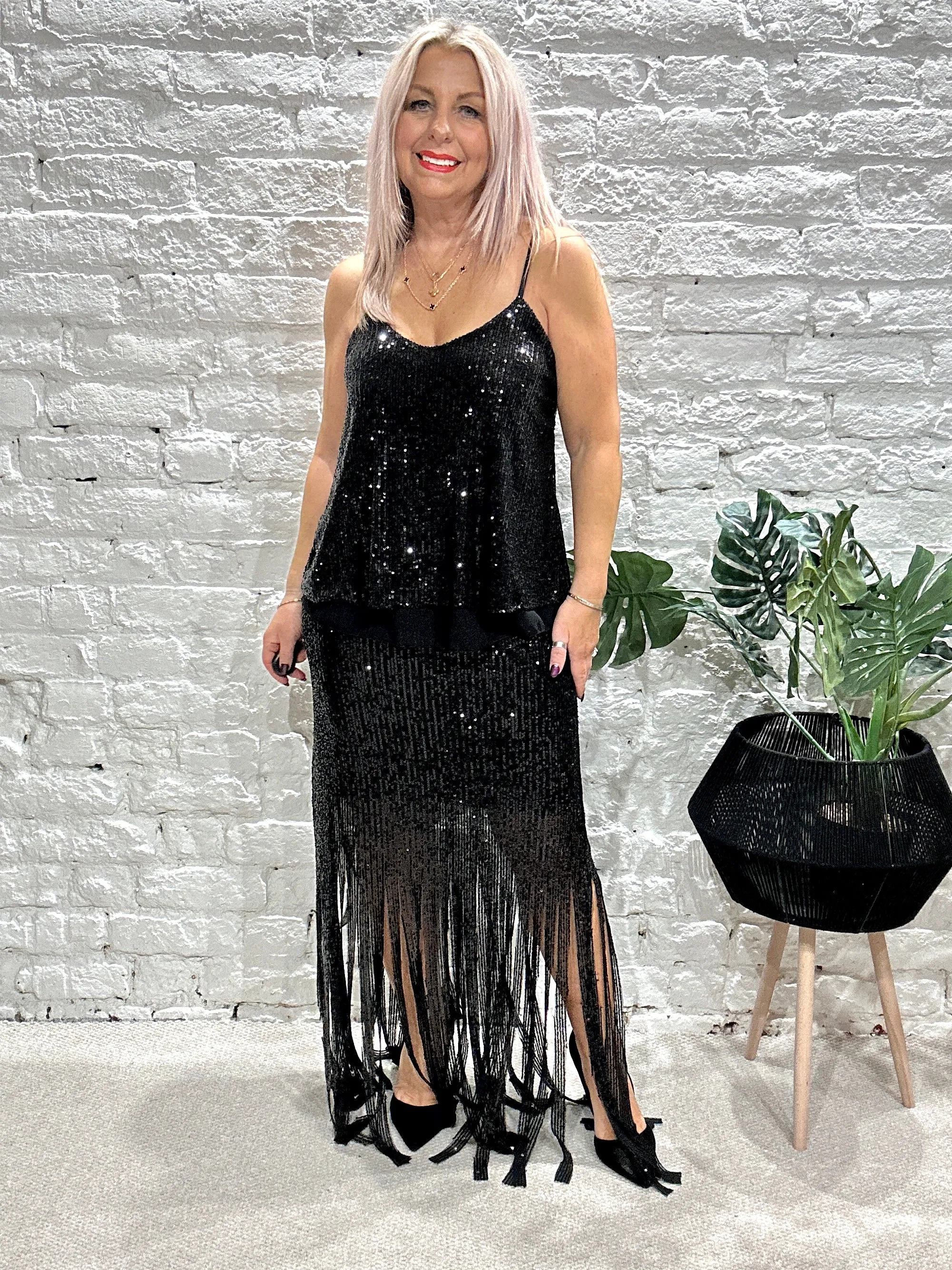 The Merry Tassel Bottom Sequin Maxi Pencil skirt