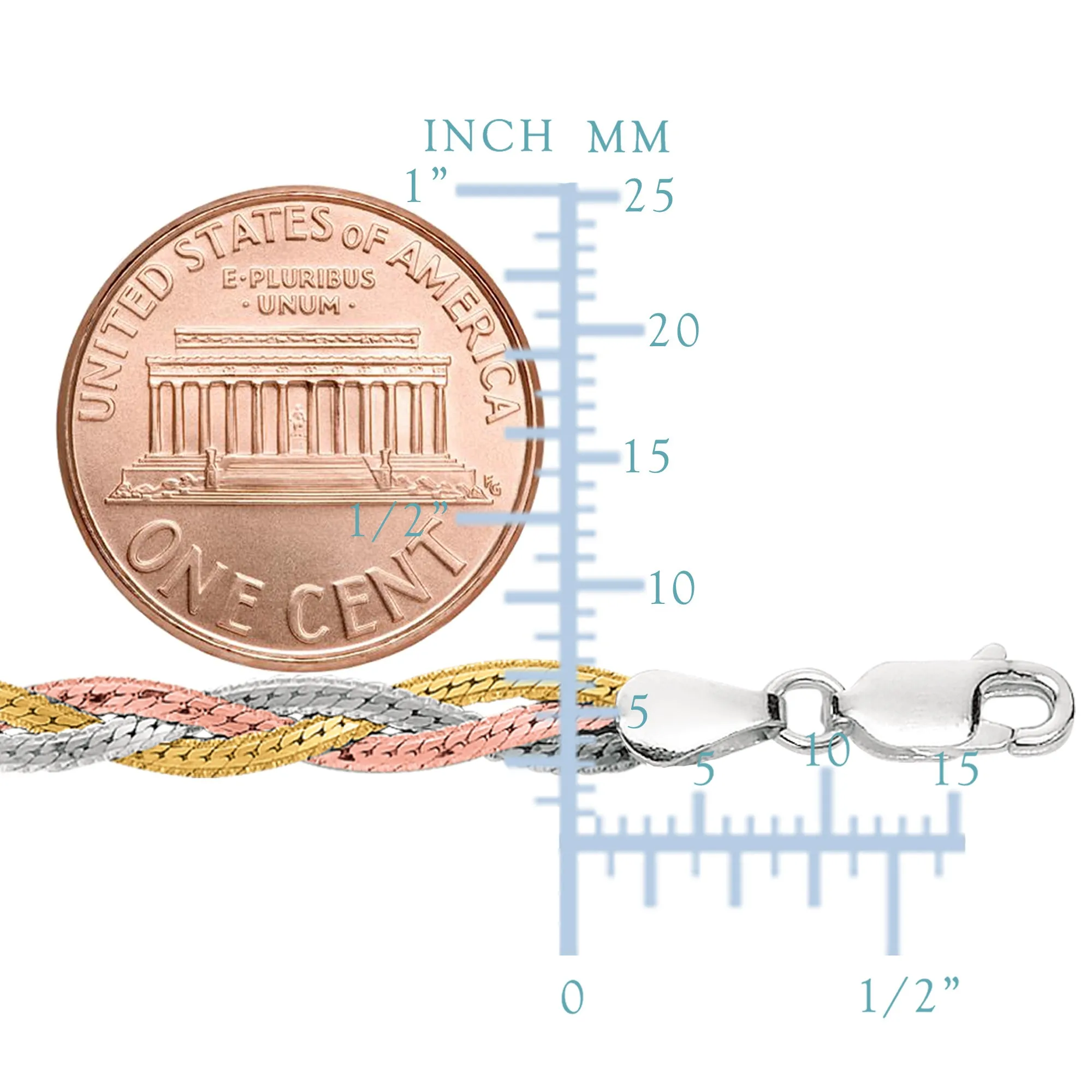 Tricolor Braided Snake Chain Anklet In Sterling Silver, 10