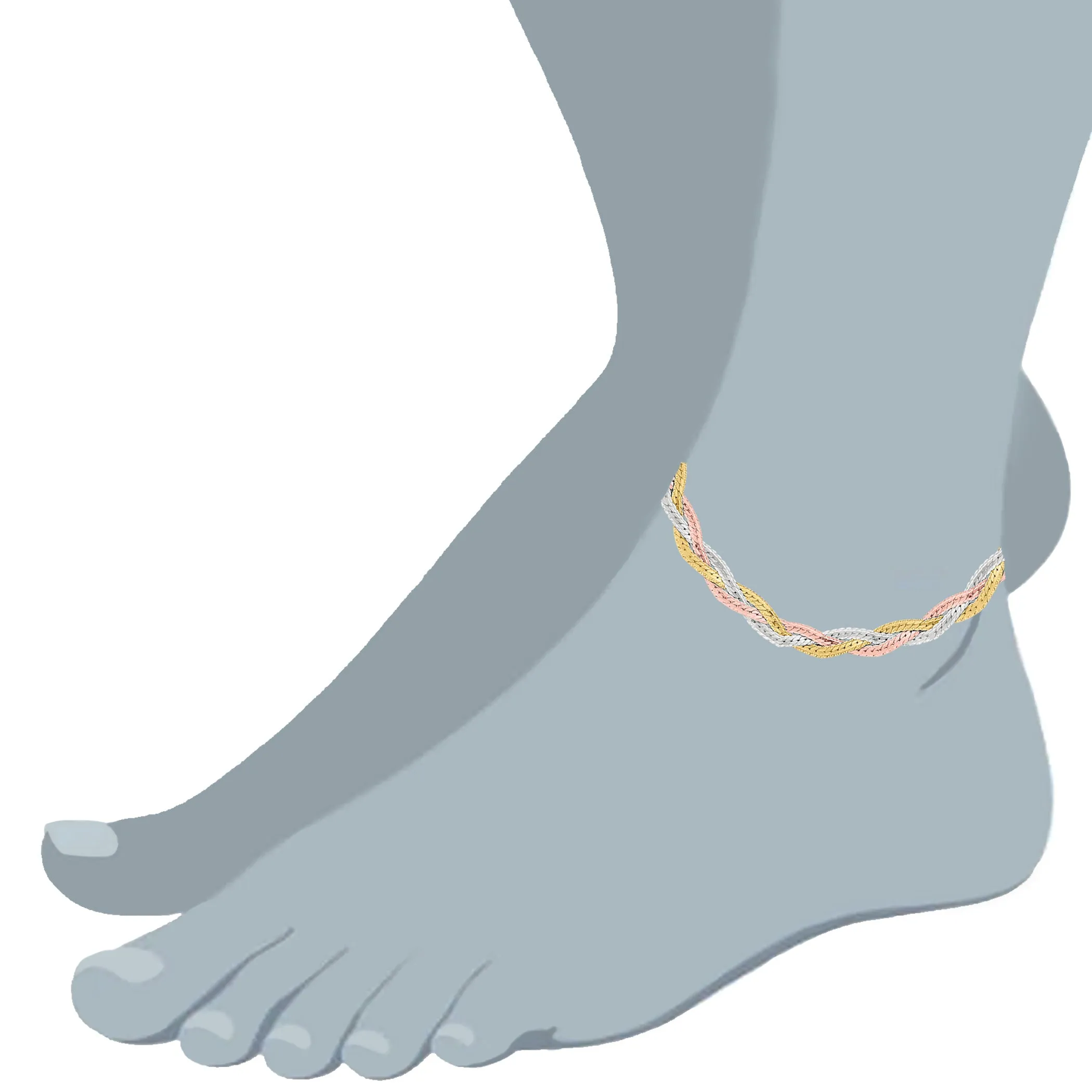 Tricolor Braided Snake Chain Anklet In Sterling Silver, 10