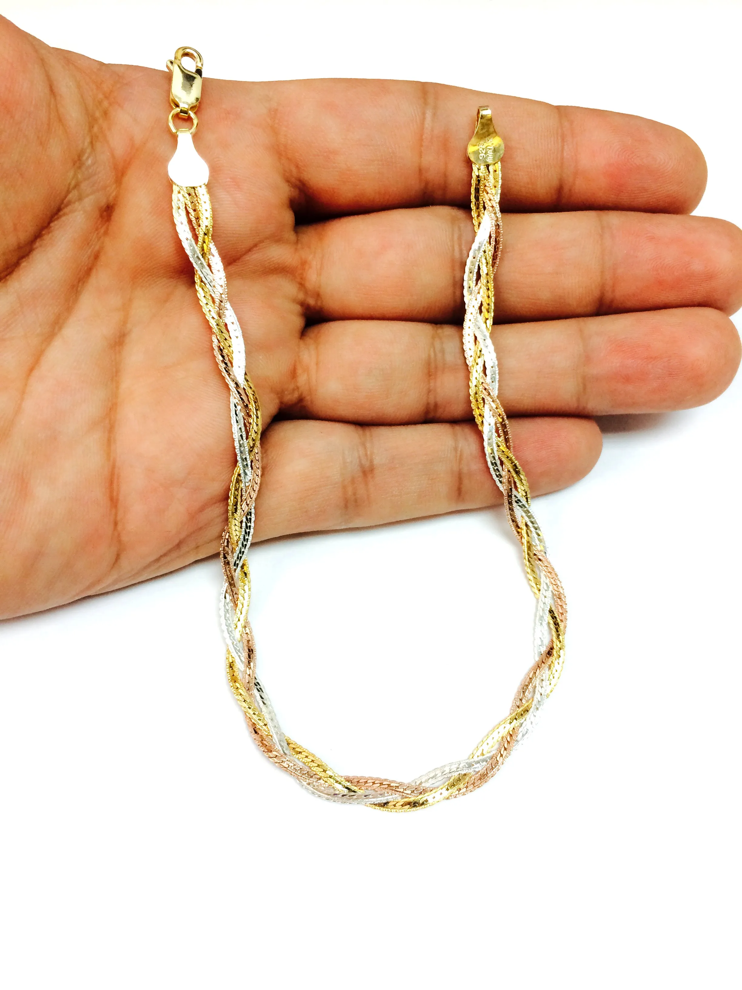 Tricolor Braided Snake Chain Anklet In Sterling Silver, 10