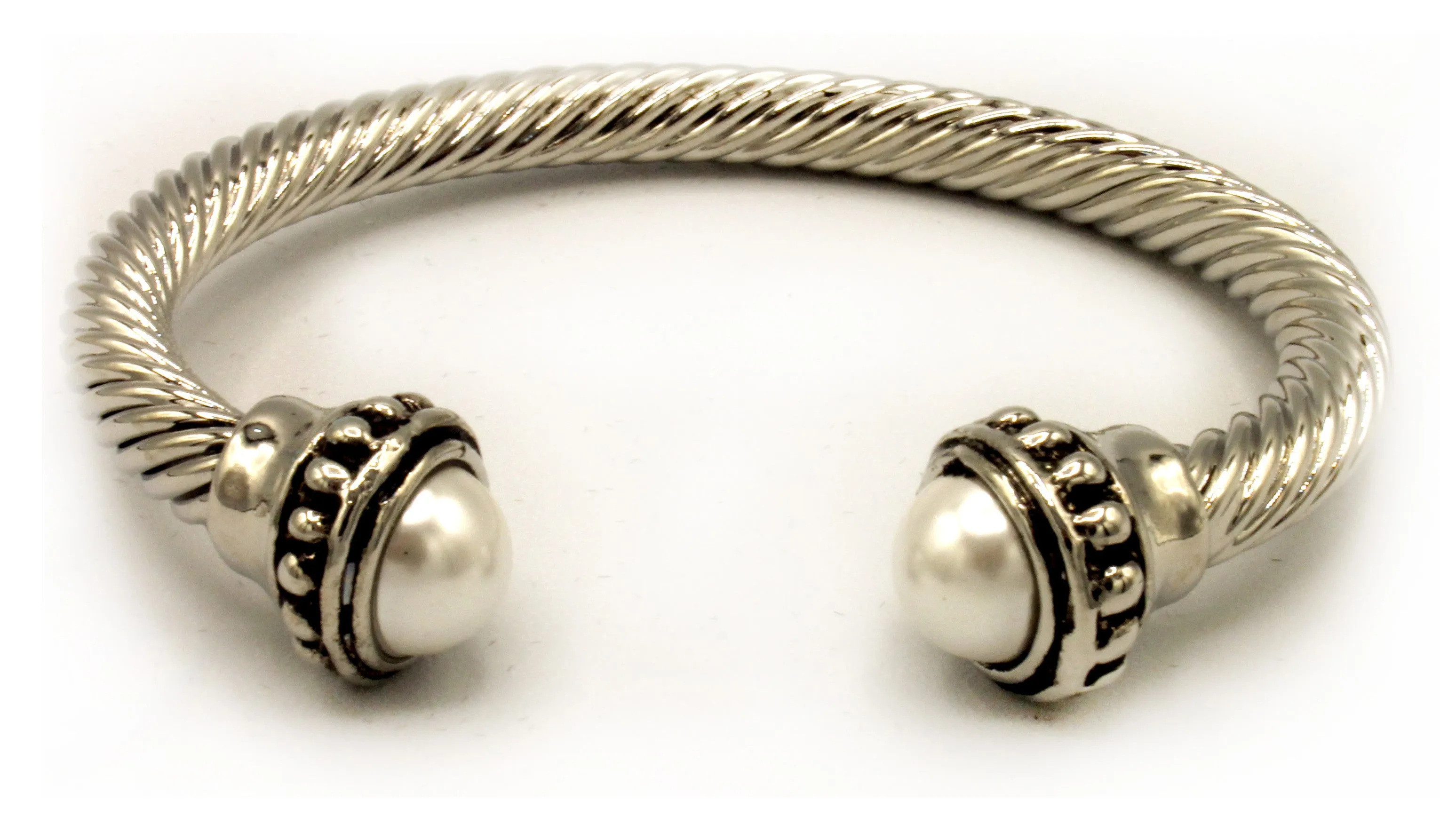 Twisted Silver Bracelet with Pearl on ends