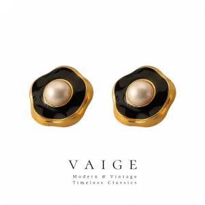 VAIGE Elegant Black Enamel Floral Pearl Drop Earrings in 925 Sterling Silver