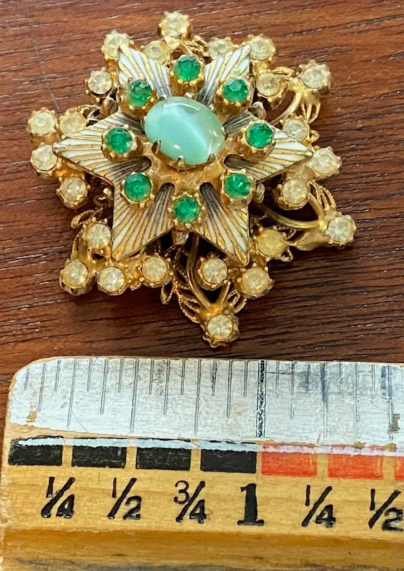 Vintage 5 Tiered Rotating Moving Star Starburst Marbled Glass Brooch Pin