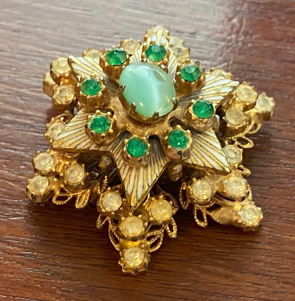Vintage 5 Tiered Rotating Moving Star Starburst Marbled Glass Brooch Pin