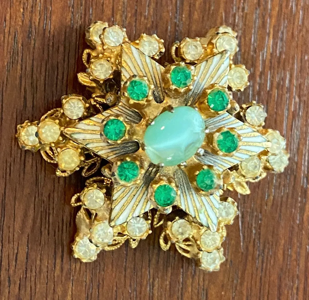 Vintage 5 Tiered Rotating Moving Star Starburst Marbled Glass Brooch Pin