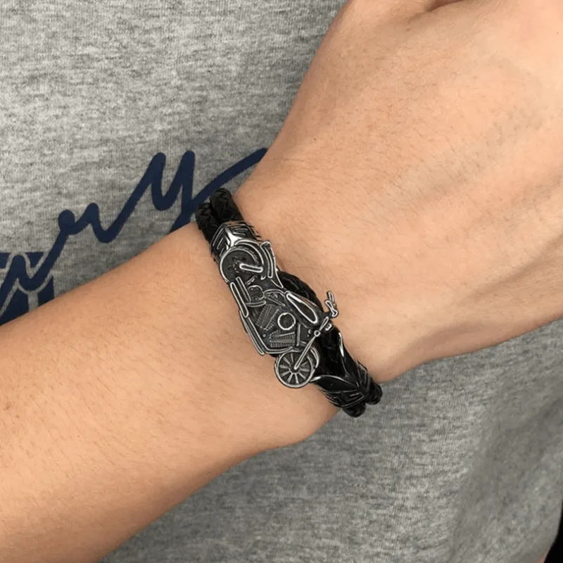 Vintage Black Leather Bracelet Mens Classic Motorcycle Jewelry