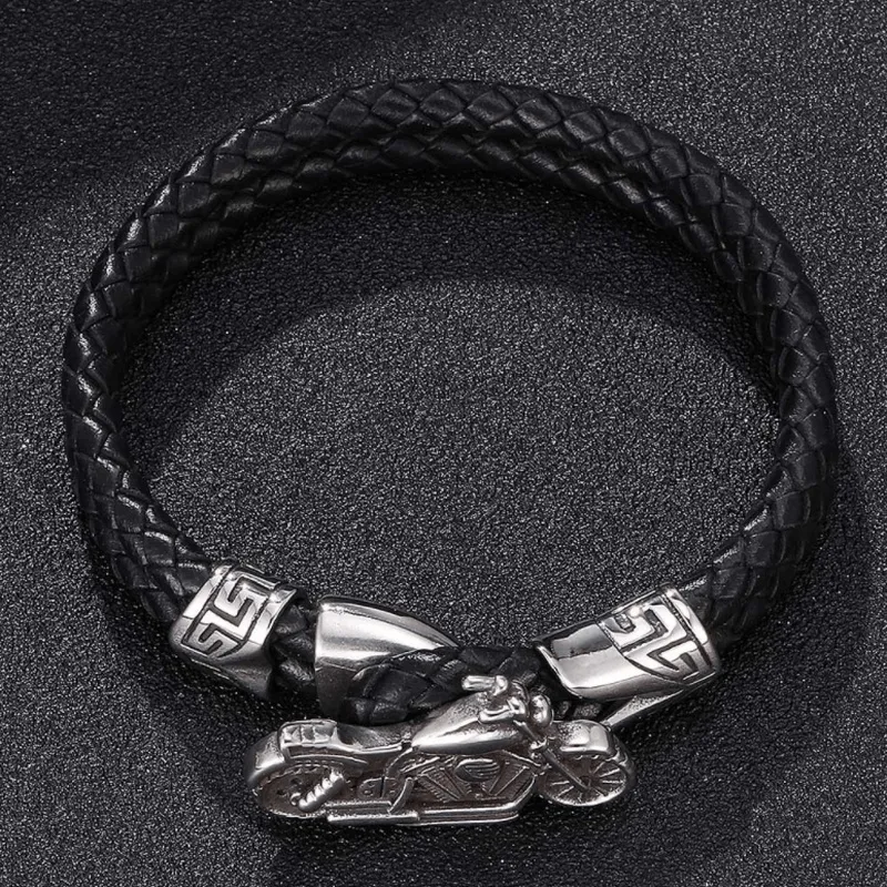 Vintage Black Leather Bracelet Mens Classic Motorcycle Jewelry