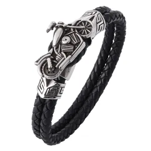 Vintage Black Leather Bracelet Mens Classic Motorcycle Jewelry