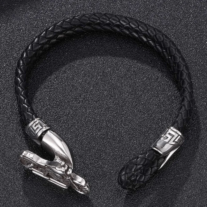 Vintage Black Leather Bracelet Mens Classic Motorcycle Jewelry