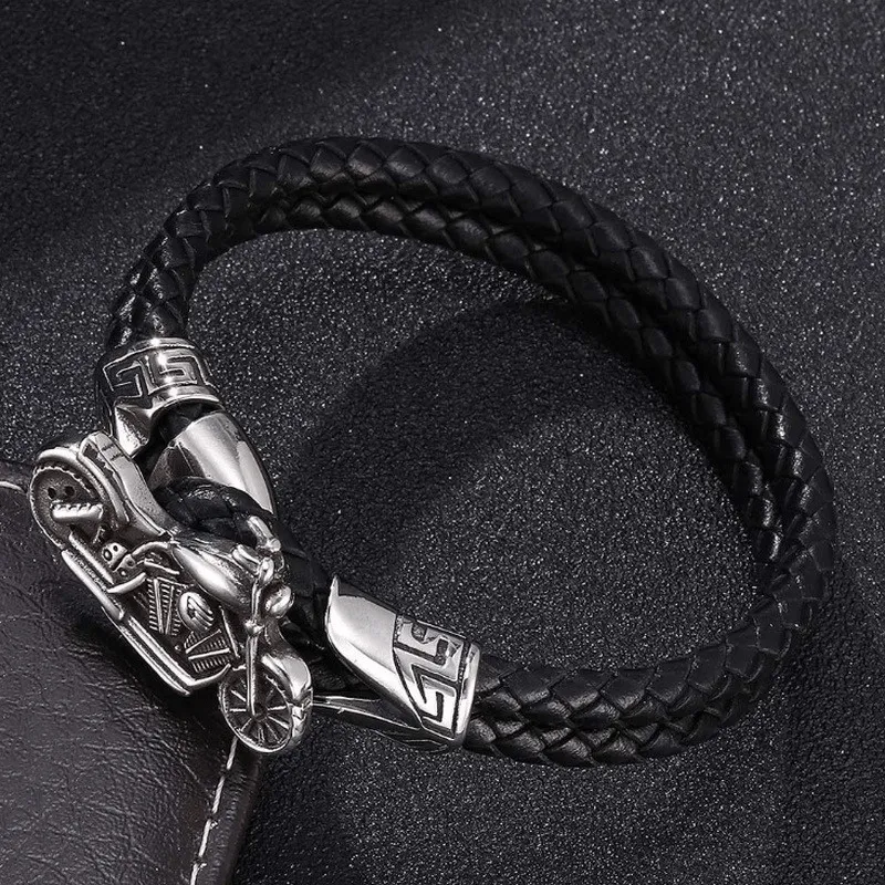 Vintage Black Leather Bracelet Mens Classic Motorcycle Jewelry