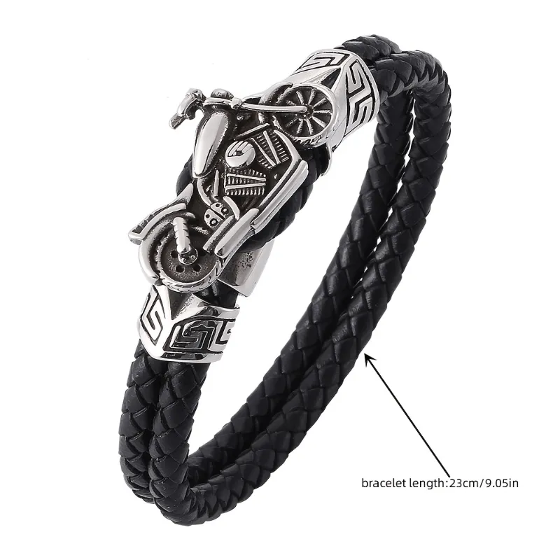 Vintage Black Leather Bracelet Mens Classic Motorcycle Jewelry