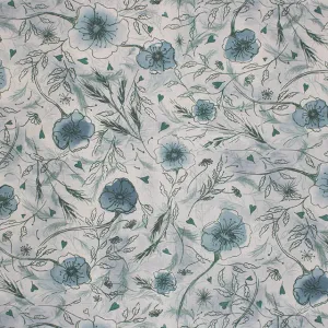 Wild Poppies Linen Curtain Fabric - Blue Sage