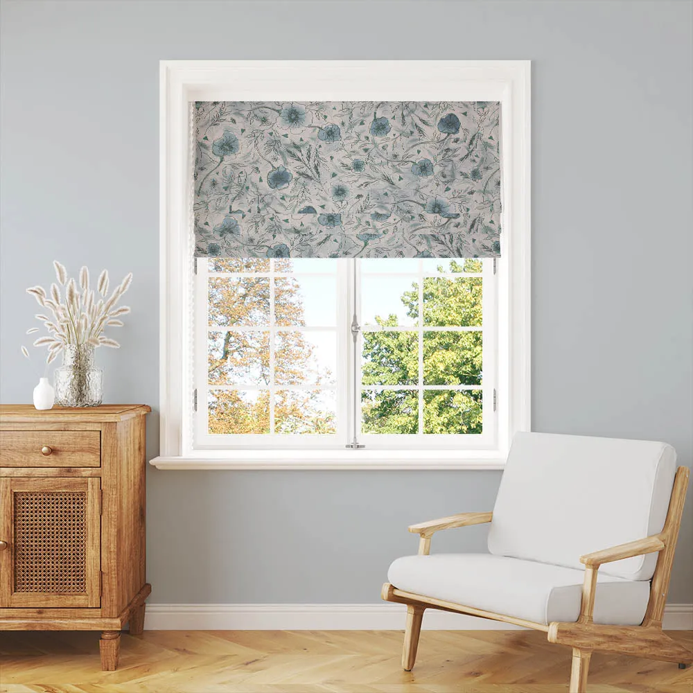 Wild Poppies Linen Curtain Fabric - Blue Sage