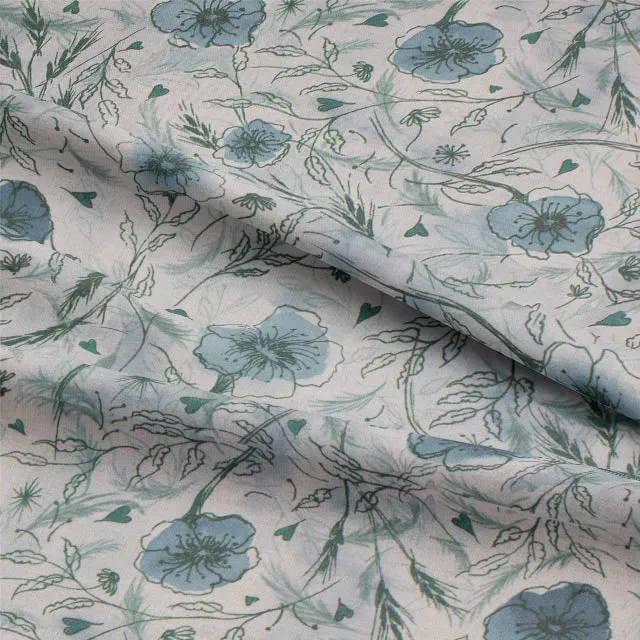 Wild Poppies Linen Curtain Fabric - Blue Sage