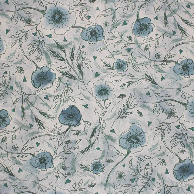 Wild Poppies Linen Curtain Fabric - Blue Sage