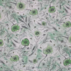 Wild Poppies Linen Curtain Fabric - Lamorna Green