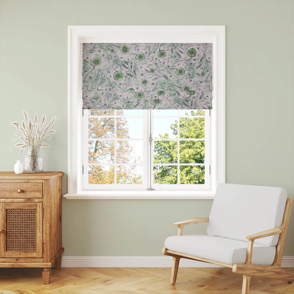 Wild Poppies Linen Curtain Fabric - Lamorna Green