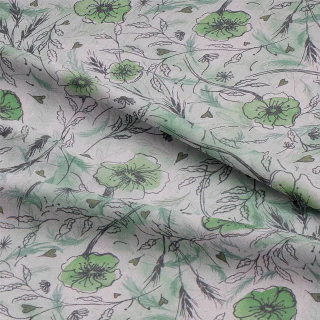 Wild Poppies Linen Curtain Fabric - Lamorna Green
