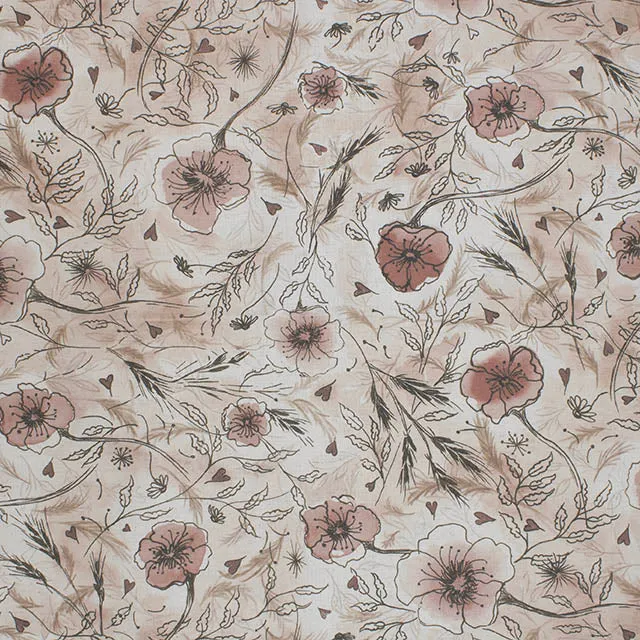 Wild Poppies Linen Curtain Fabric - Sepia