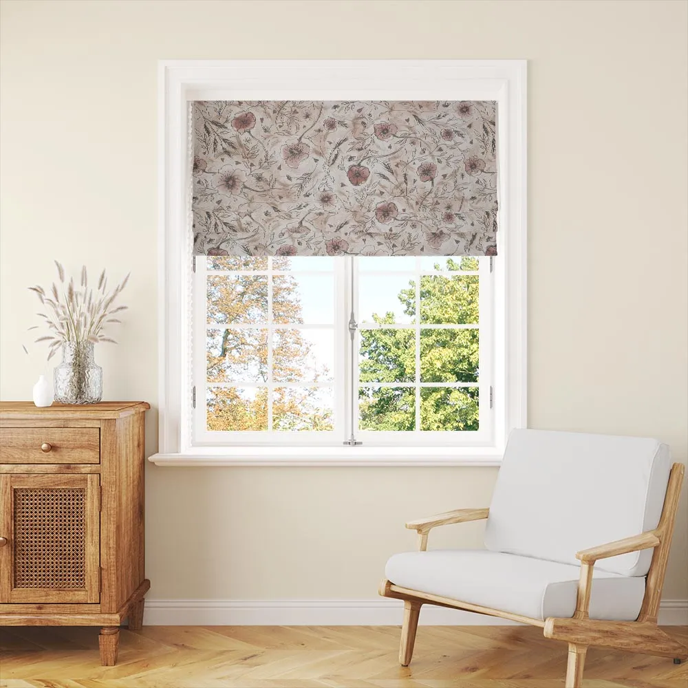Wild Poppies Linen Curtain Fabric - Sepia