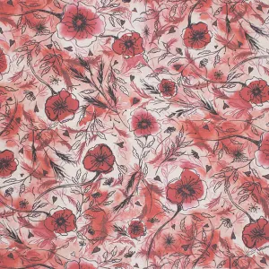 Wild Poppies Linen Curtain Fabric - Strawberry Sorbet