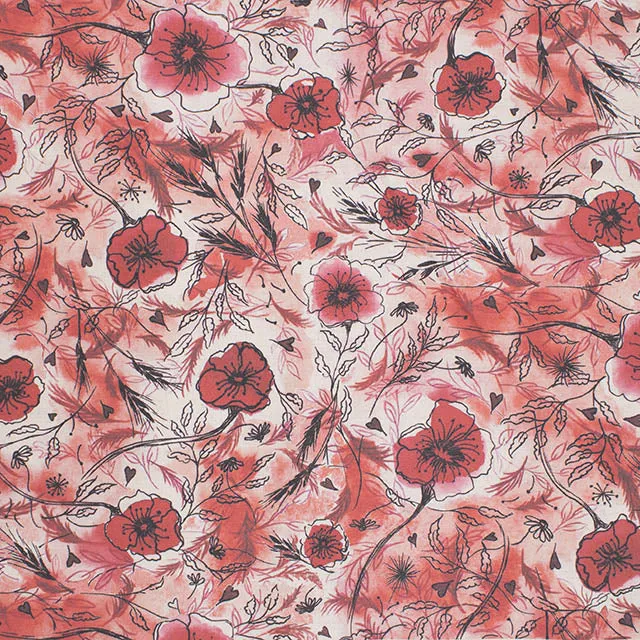 Wild Poppies Linen Curtain Fabric - Strawberry Sorbet