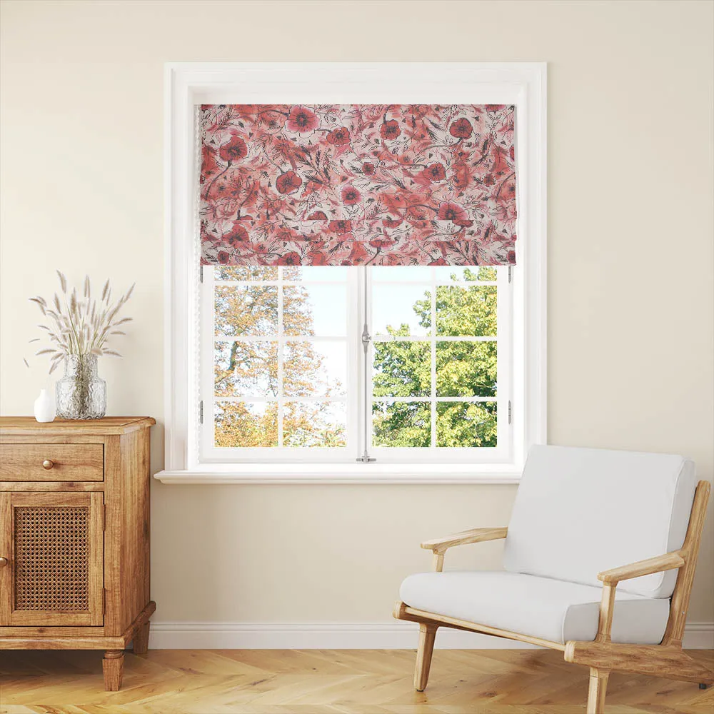 Wild Poppies Linen Curtain Fabric - Strawberry Sorbet