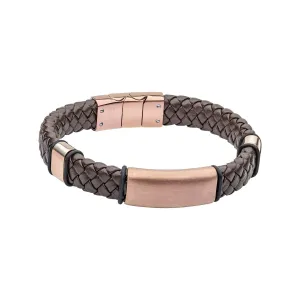 Woven Brown Leather Bracelet with Coffee Plated Stainless Steel