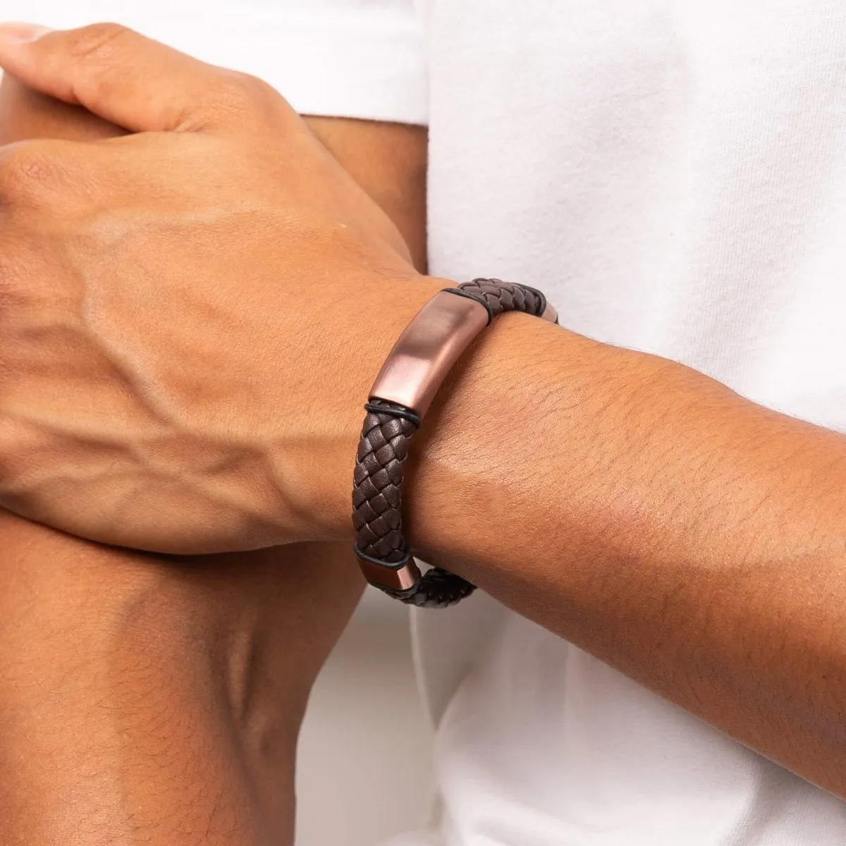 Woven Brown Leather Bracelet with Coffee Plated Stainless Steel
