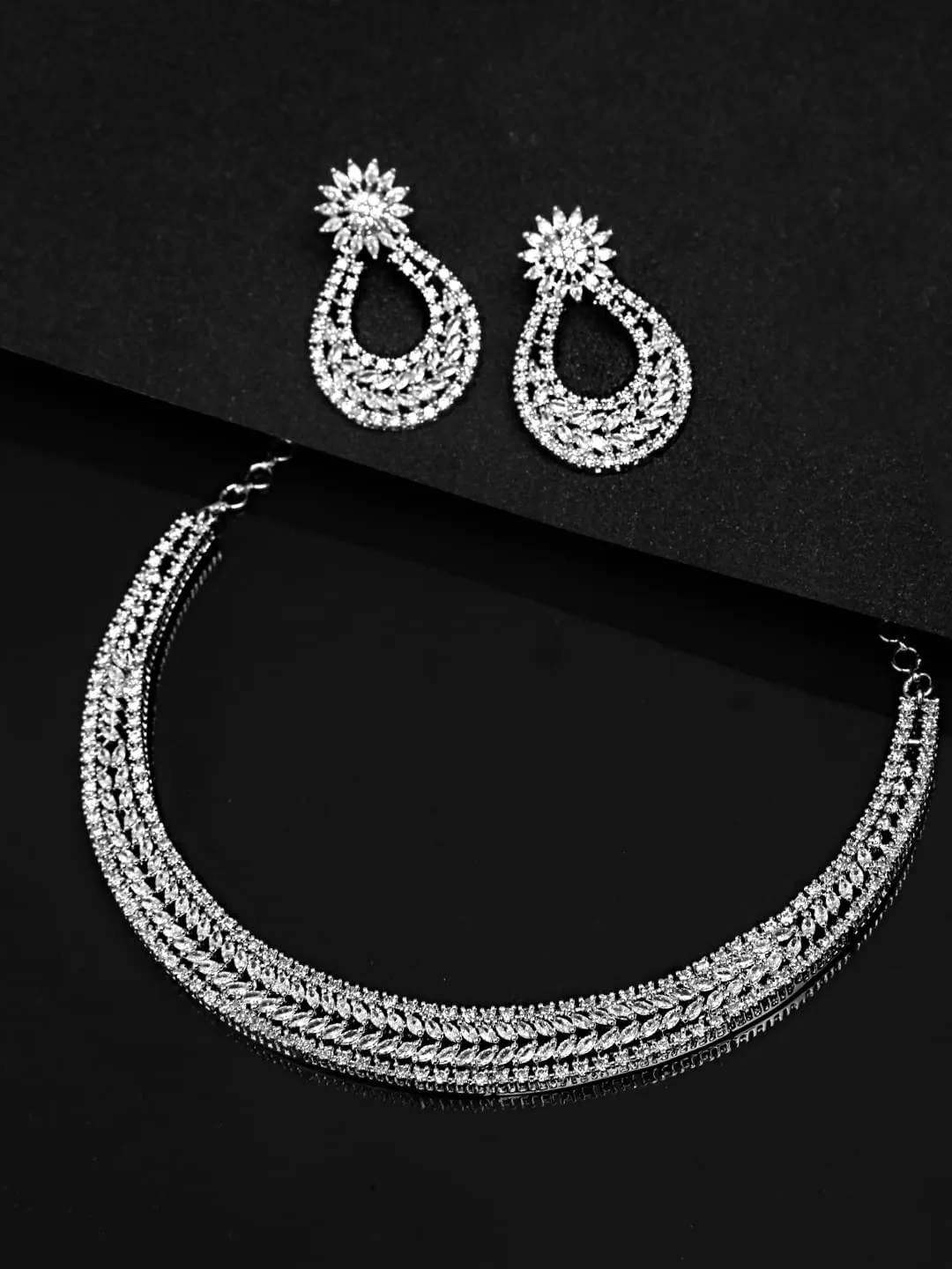 Yellow Chimes American Diamond Jewellery Set for Women Rhodium Plated High Grade Authentic White AD Jewellery Necklace Set for Women and Girls