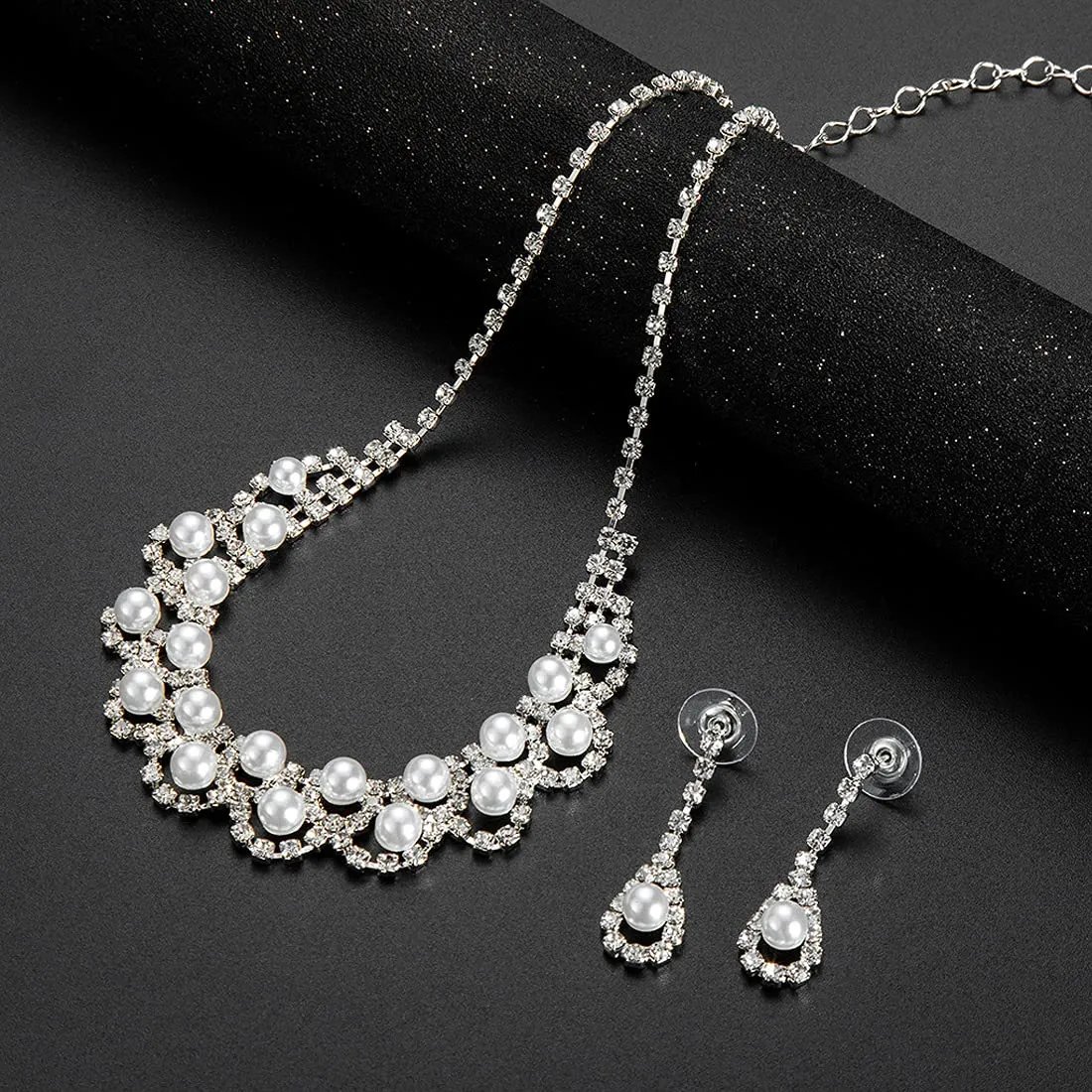 Yellow Chimes Elegant Latest Fashion A5 Grade Zircon Crystal Pearl Silver Choker Necklace Set for Women and Girls, White, Medium (Model: YCFJNS-361PRLCL-SL)