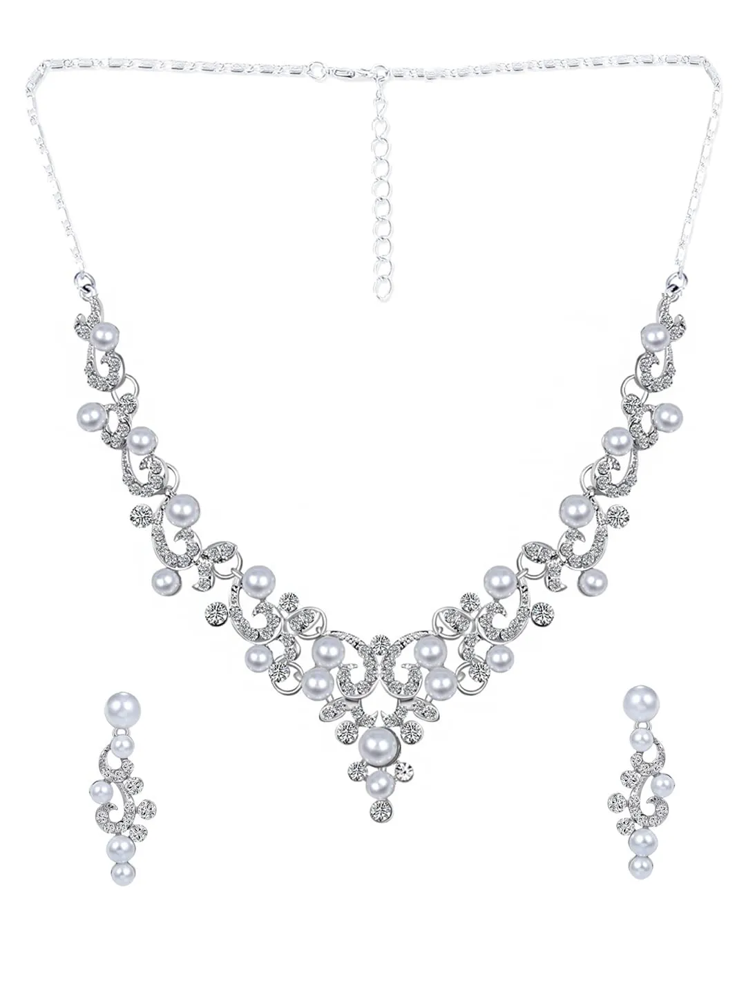 Yellow Chimes Jewellery Set for Women and Girls Fashion White Crystal Jewellery Set for Women | Silver Toned Pearl Choker Necklace Set | Birthday Gift for Girls & Women Anniversary Gift for Wife
