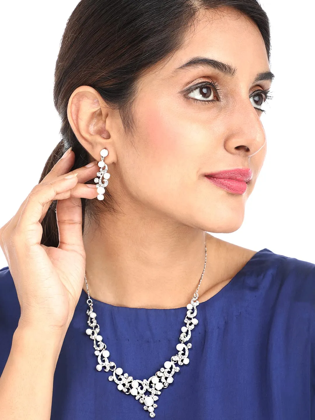 Yellow Chimes Jewellery Set for Women and Girls Fashion White Crystal Jewellery Set for Women | Silver Toned Pearl Choker Necklace Set | Birthday Gift for Girls & Women Anniversary Gift for Wife