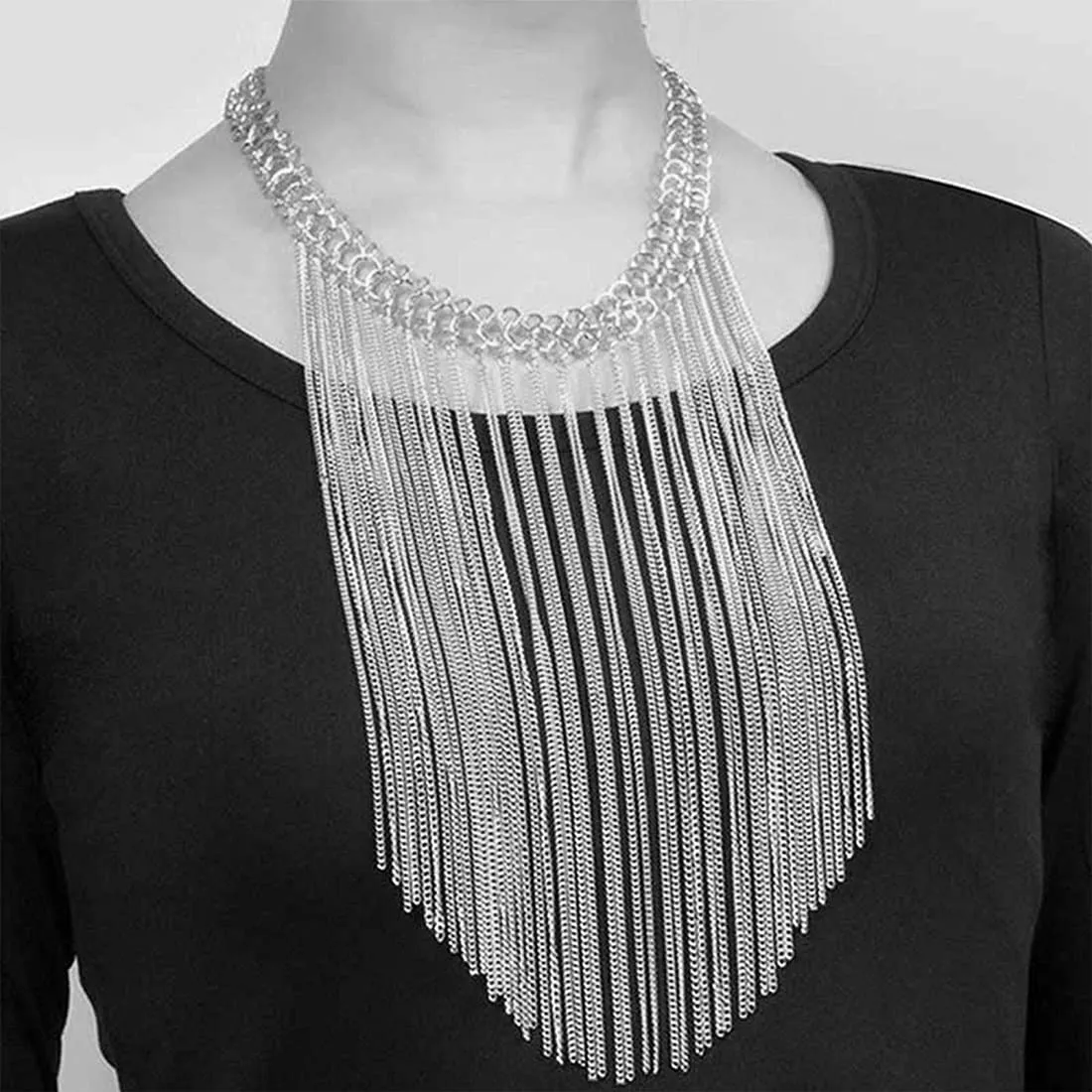 Yellow Chimes Latest Fashion Silver Plated Long Drop Chain Design Choker Necklace for Women and Girls, Medium