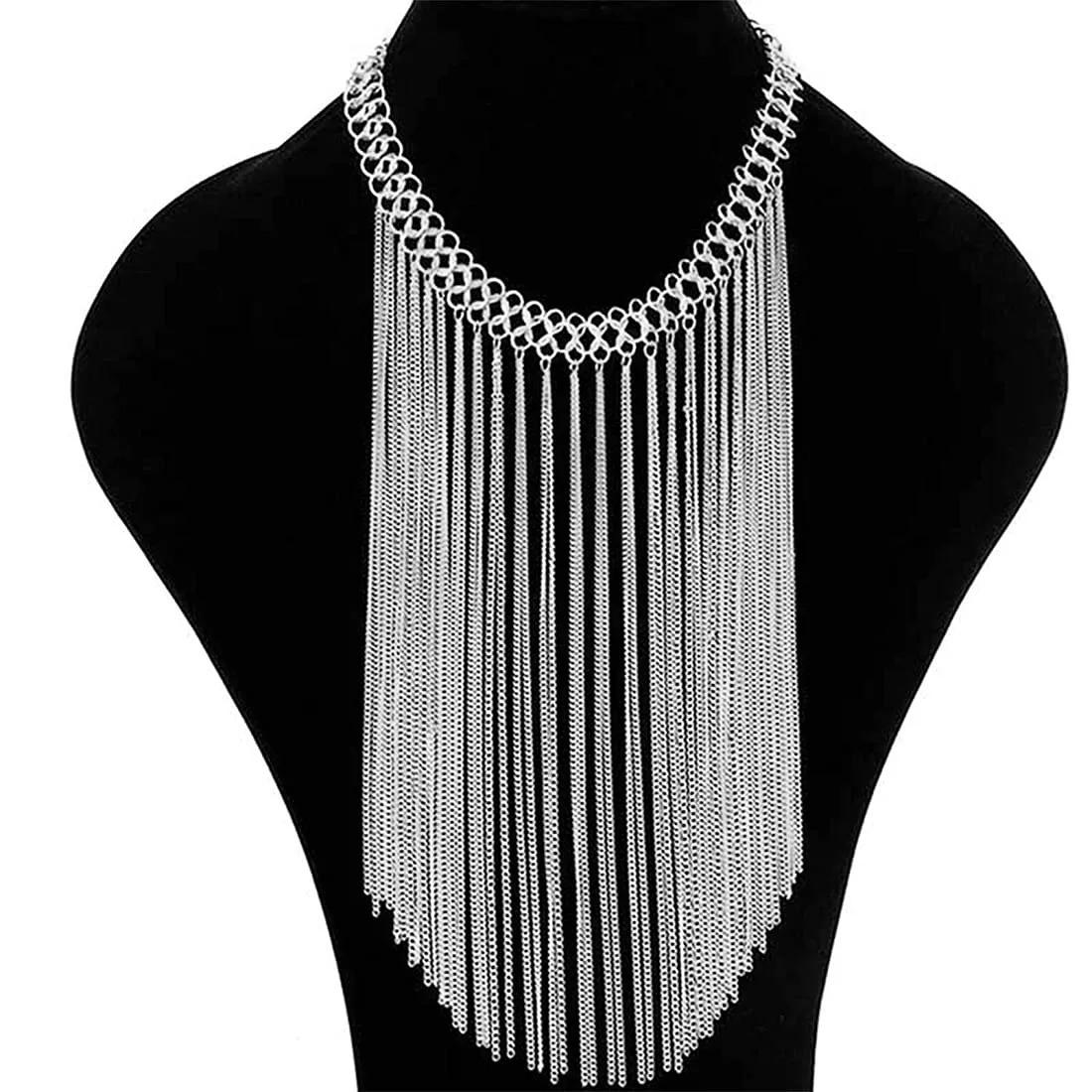 Yellow Chimes Latest Fashion Silver Plated Long Drop Chain Design Choker Necklace for Women and Girls, Medium
