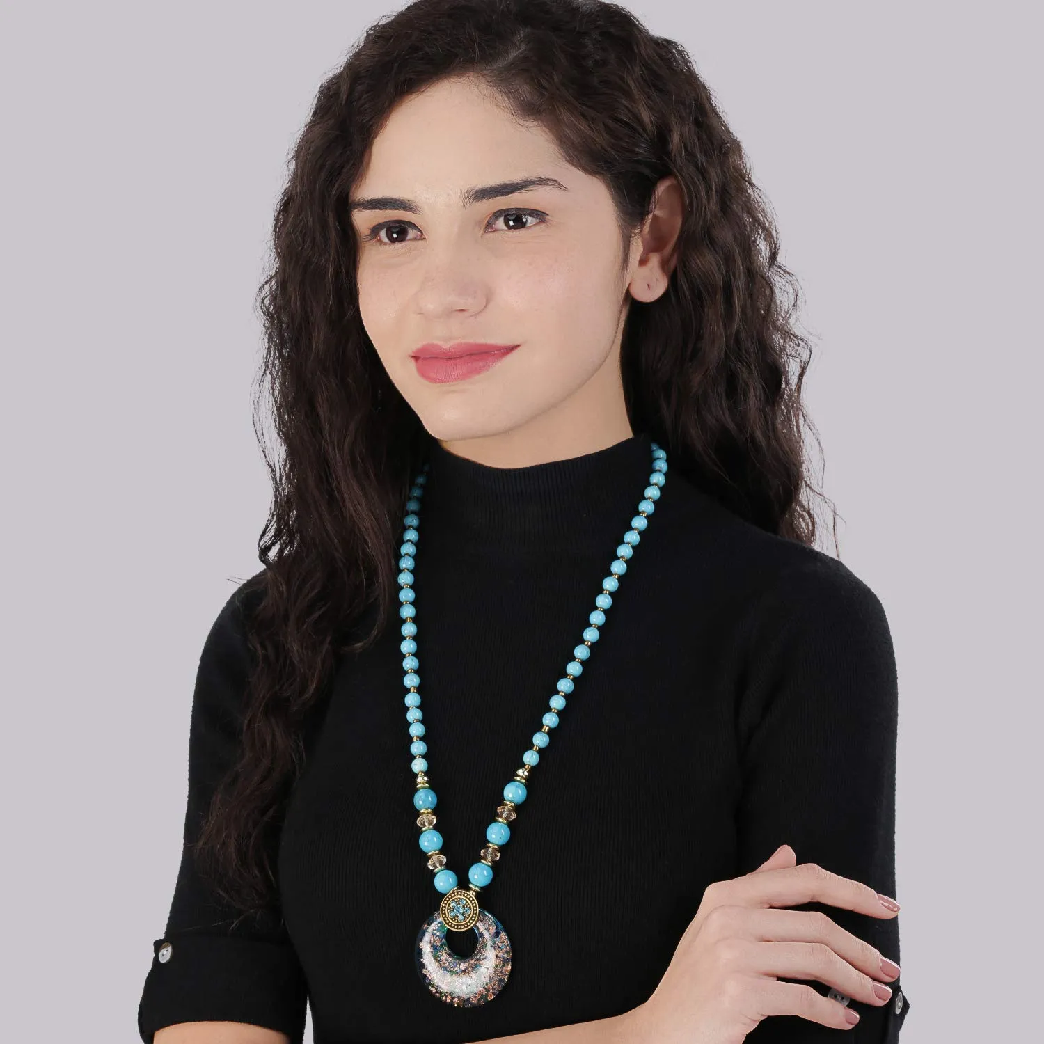 Yellow Chimes Stylish and Trandy Handmade Turquoise Beads Crystal Classic Design Long Chain Pendant Necklace for Women and Girl's